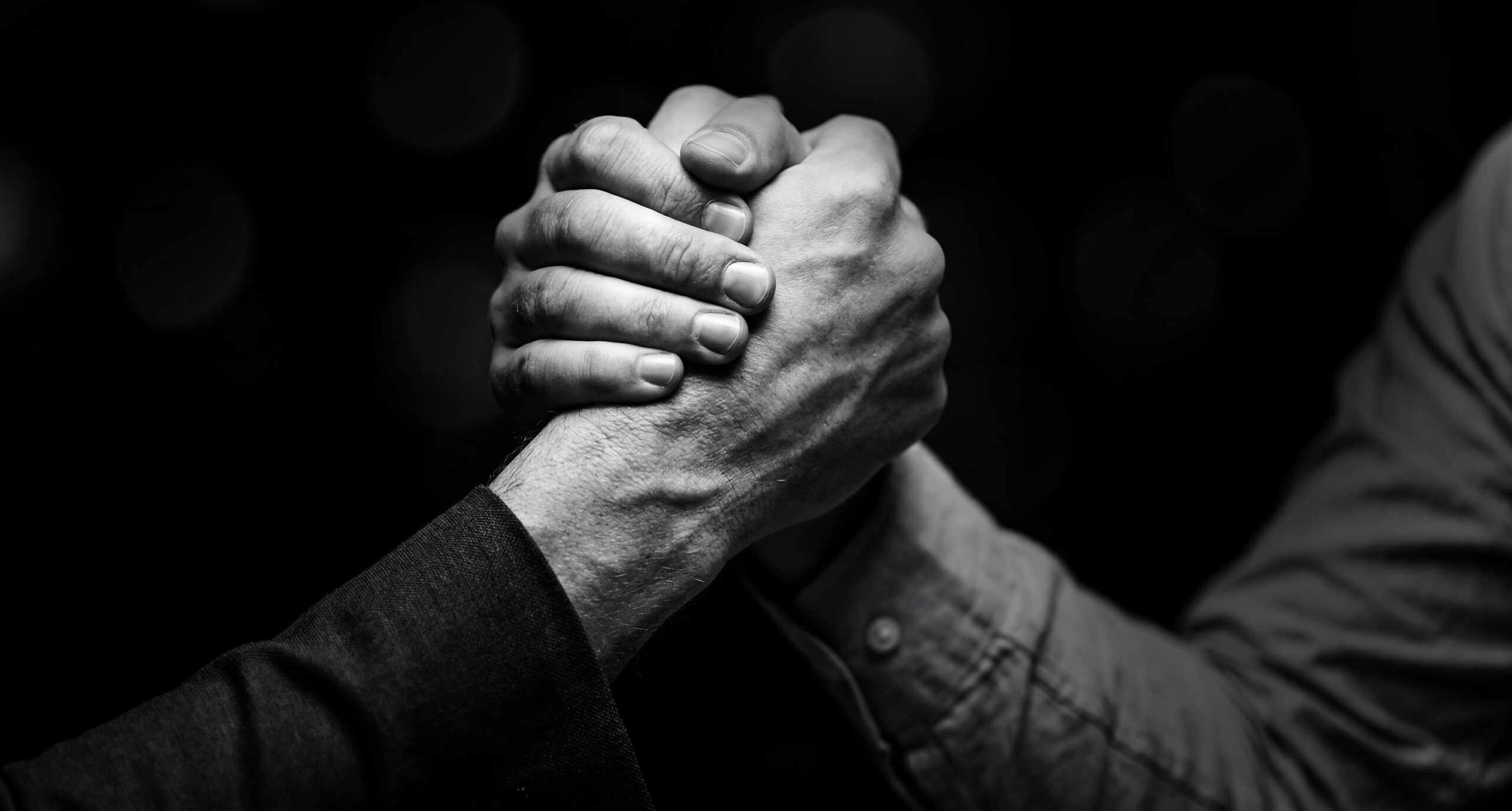DIMARCON Hand-off-Moment — Händedruck nach Vertragsabschluss, B&W Detailaufnahme